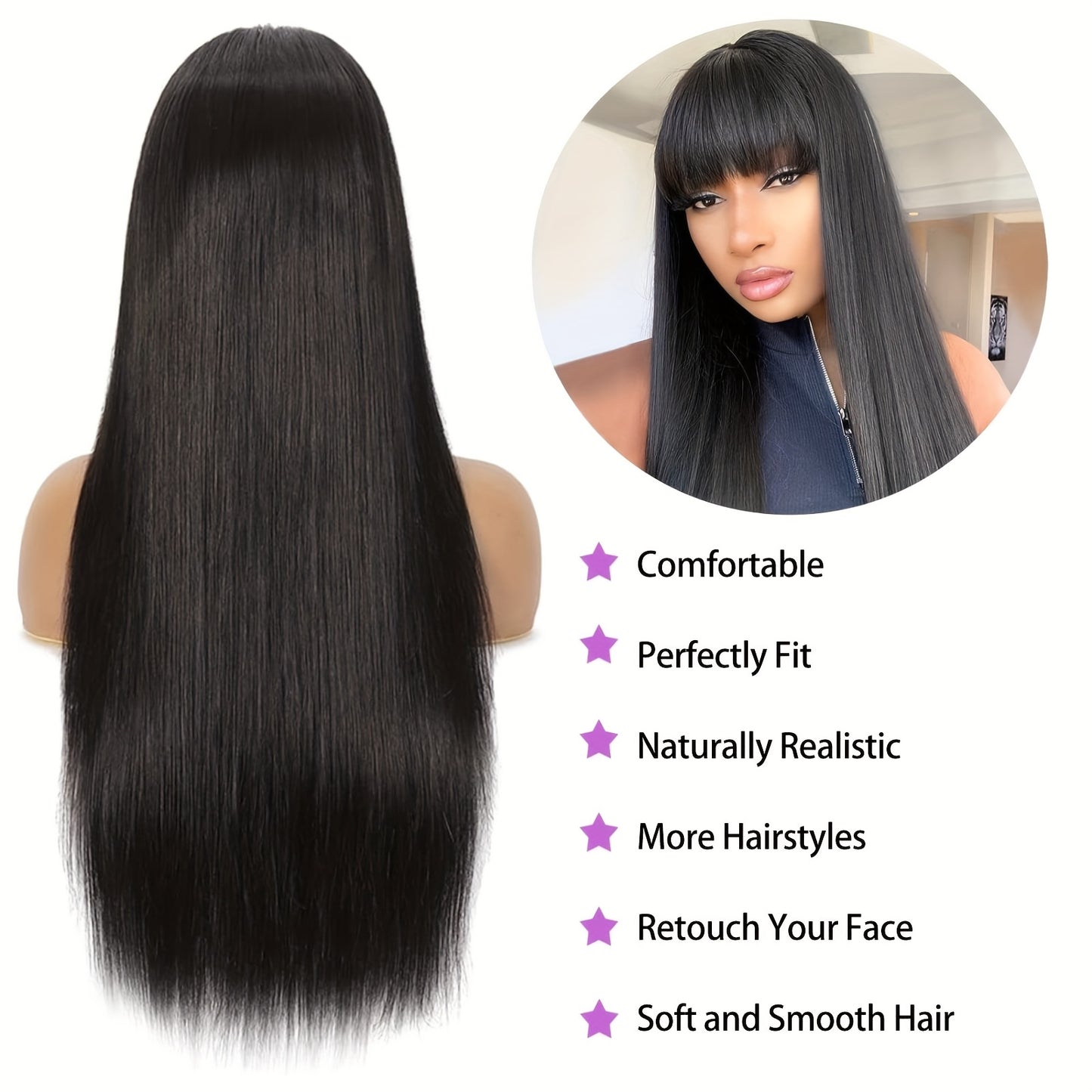Long Straight Hair Wigs Black Heat Resistant Fiber Hair Full Machine Wig with Bangs Cosplay Party Wig for Fashion Women Cosplay Wig for Halloween Family Wig Party Hair Wigs-All10dollars.com