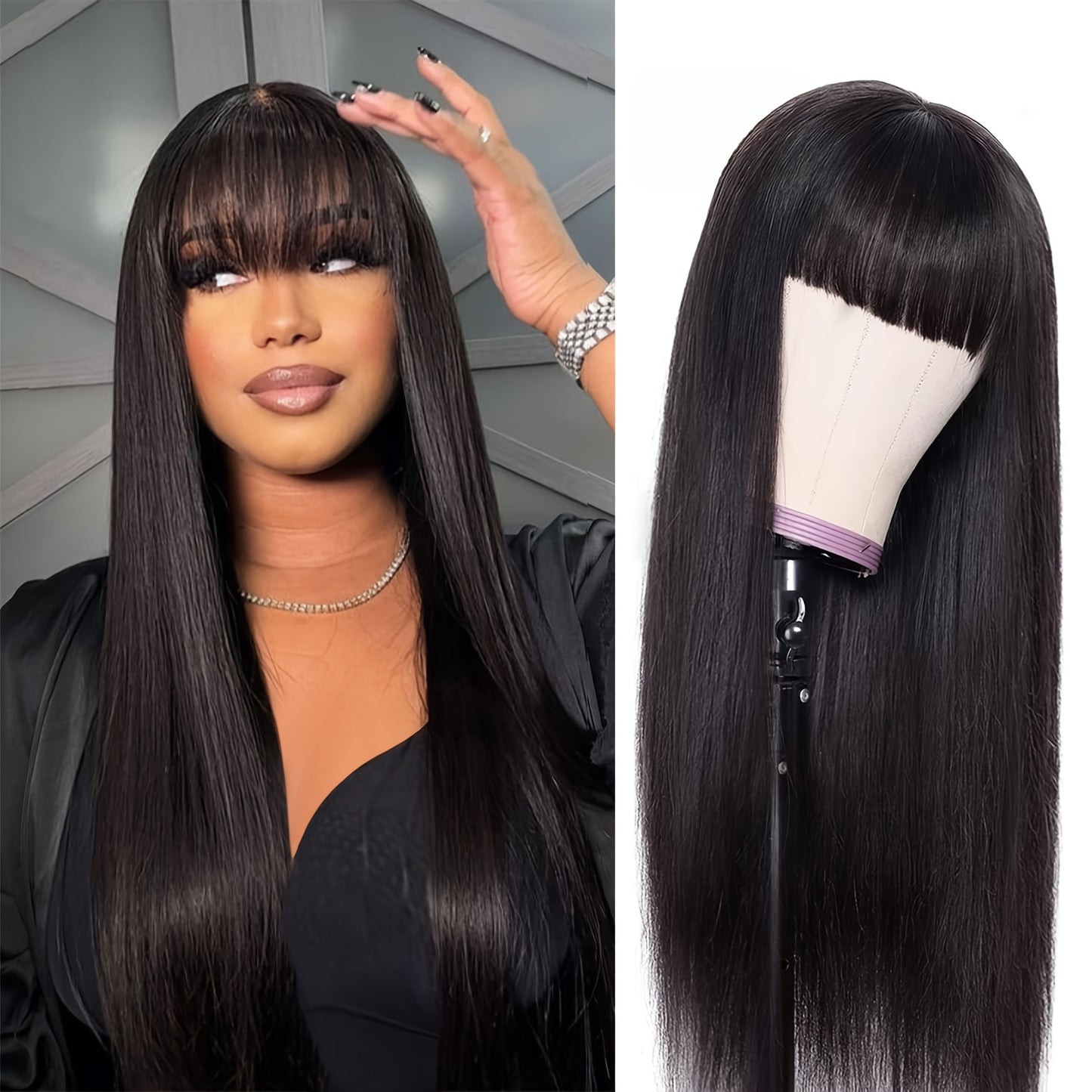 Long Straight Hair Wigs Black Heat Resistant Fiber Hair Full Machine Wig with Bangs Cosplay Party Wig for Fashion Women Cosplay Wig for Halloween Family Wig Party Hair Wigs-#Black-26inch-All10dollars.com