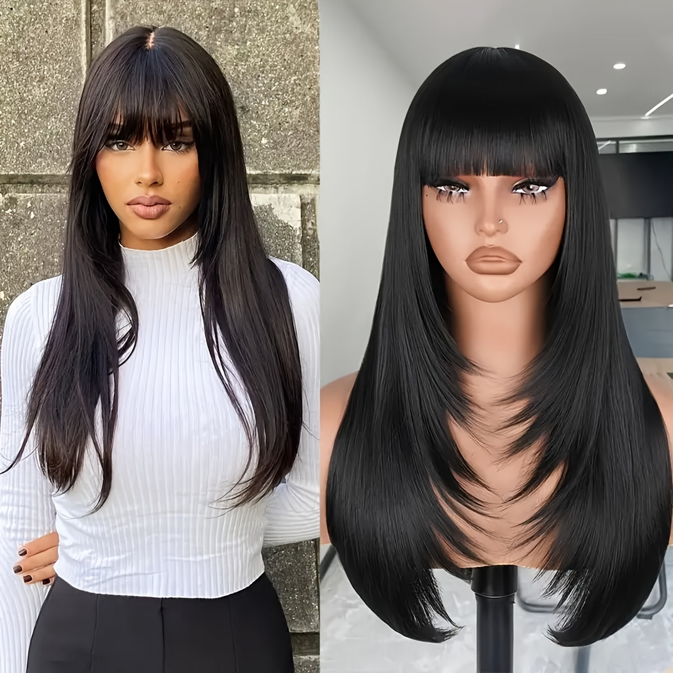 Heat Resistant Glueless Long Straight Wig with Bangs-All10dollars.com