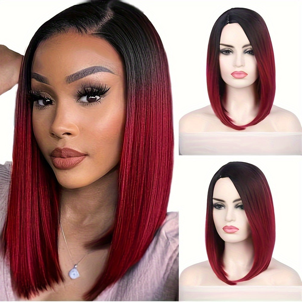 Short Bob Straight Synthetic Wig Ombre Black To Red Side Part-WIG-Red-14inch-All10dollars.com