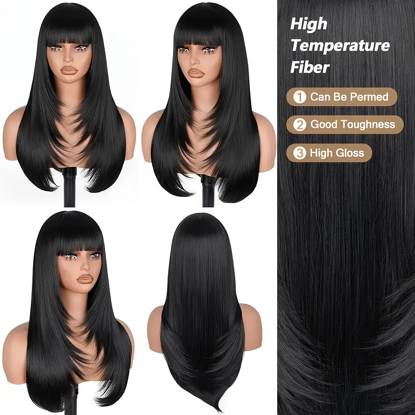 Heat Resistant Glueless Long Straight Wig with Bangs-All10dollars.com