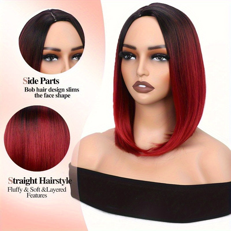 Short Bob Straight Synthetic Wig Ombre Black To Red Side Part-WIG-All10dollars.com
