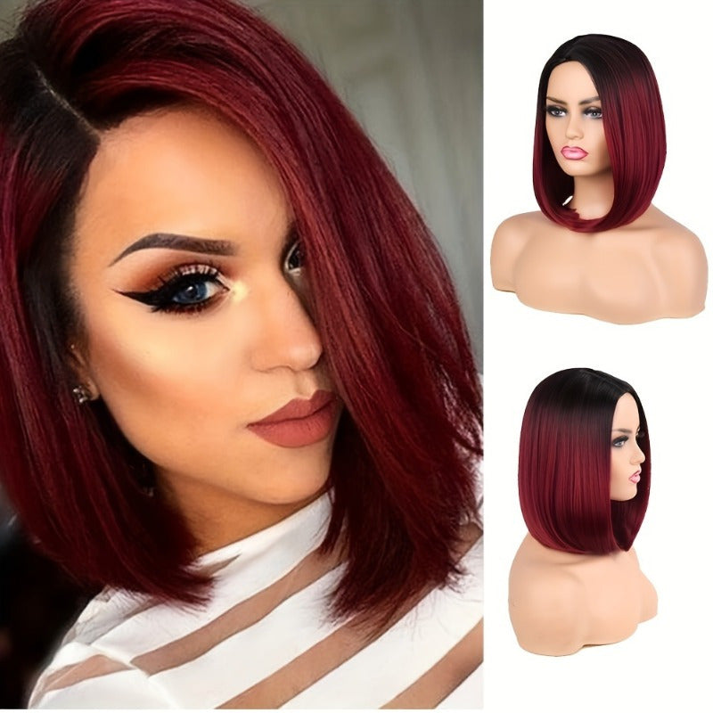 Short Bob Straight Synthetic Wig Ombre Black To Red Side Part-WIG-All10dollars.com