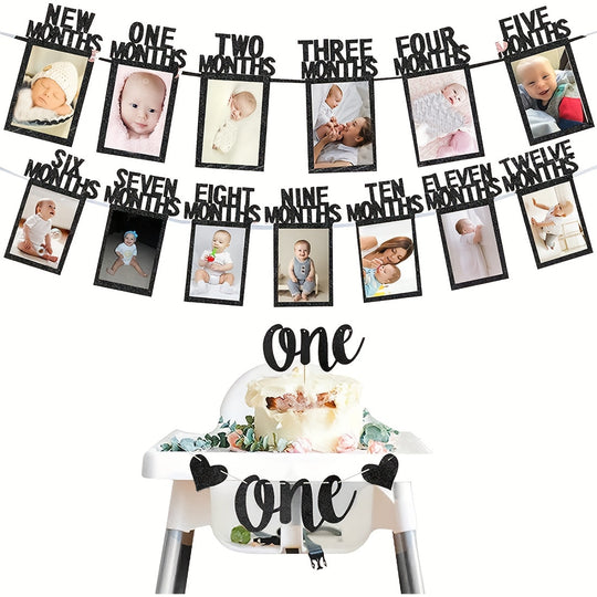 First Birthday Photo Banner Set with Frames 12 Months Milestone Garland for Boys & Girls-BABY-Black-All10dollars.com