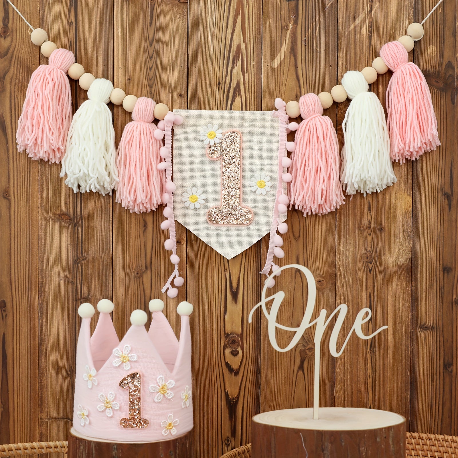 Daisy White Pink Highchair Tassel Garland Banner-All10dollars.com