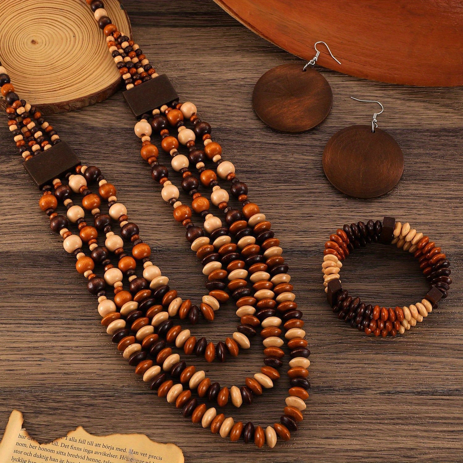 1 Set Boho Wood Bead Jewelry Set 4pcs Vintage Layered Bracelet Earrings& Lariat Necklace, Stackable Adjustable Gift for Teacher Appreciation Graduation, Campus Related, All Season, Daily Occasion, Gift-giving Occasion, Campus-All10dollars.com