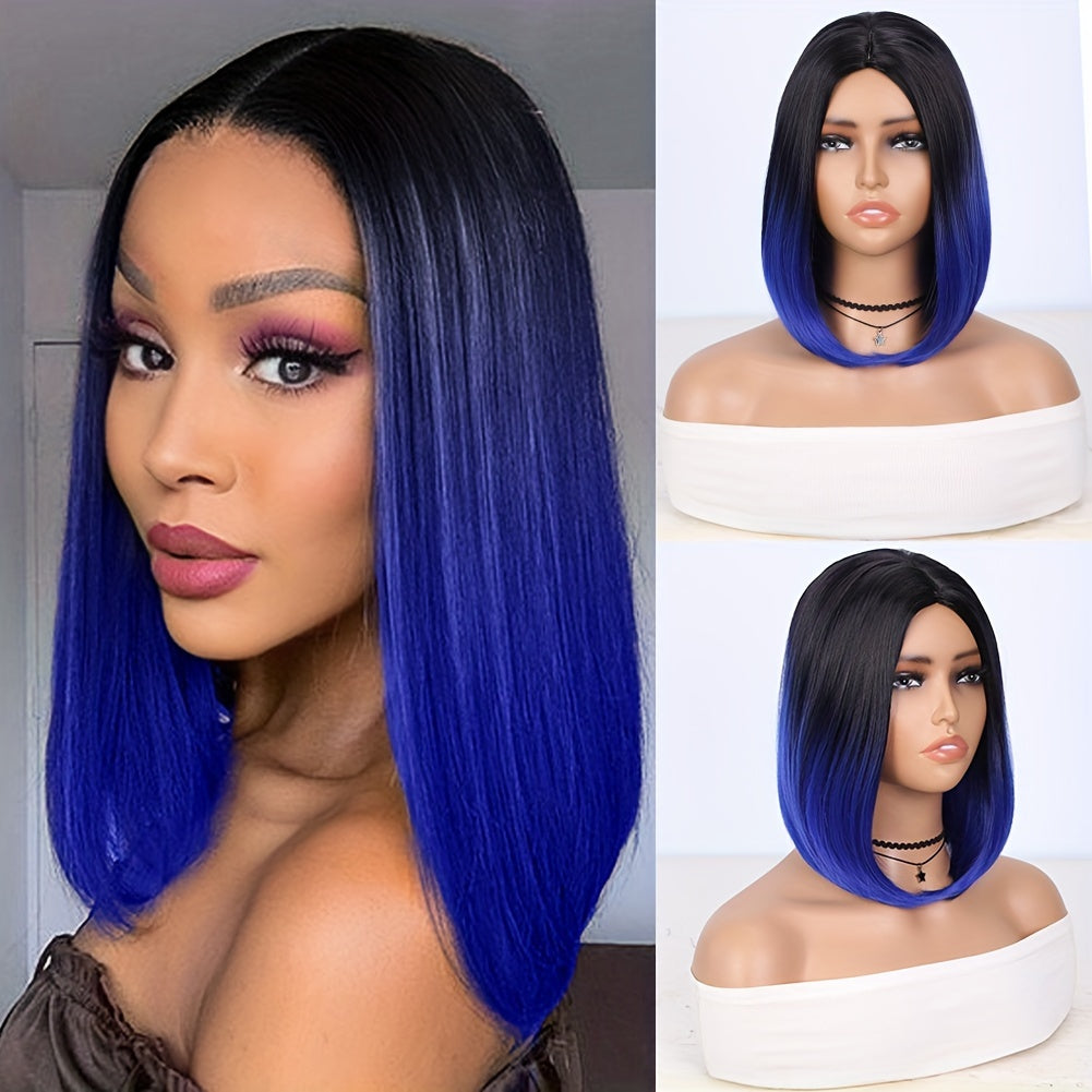 Short Bob Straight Synthetic Wig Ombre Black To Red Side Part-WIG-Blue-14inch-All10dollars.com