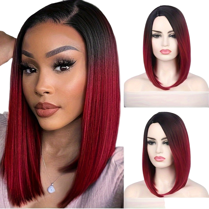 Short Bob Straight Synthetic Wig Ombre Black To Red Side Part-WIG-All10dollars.com