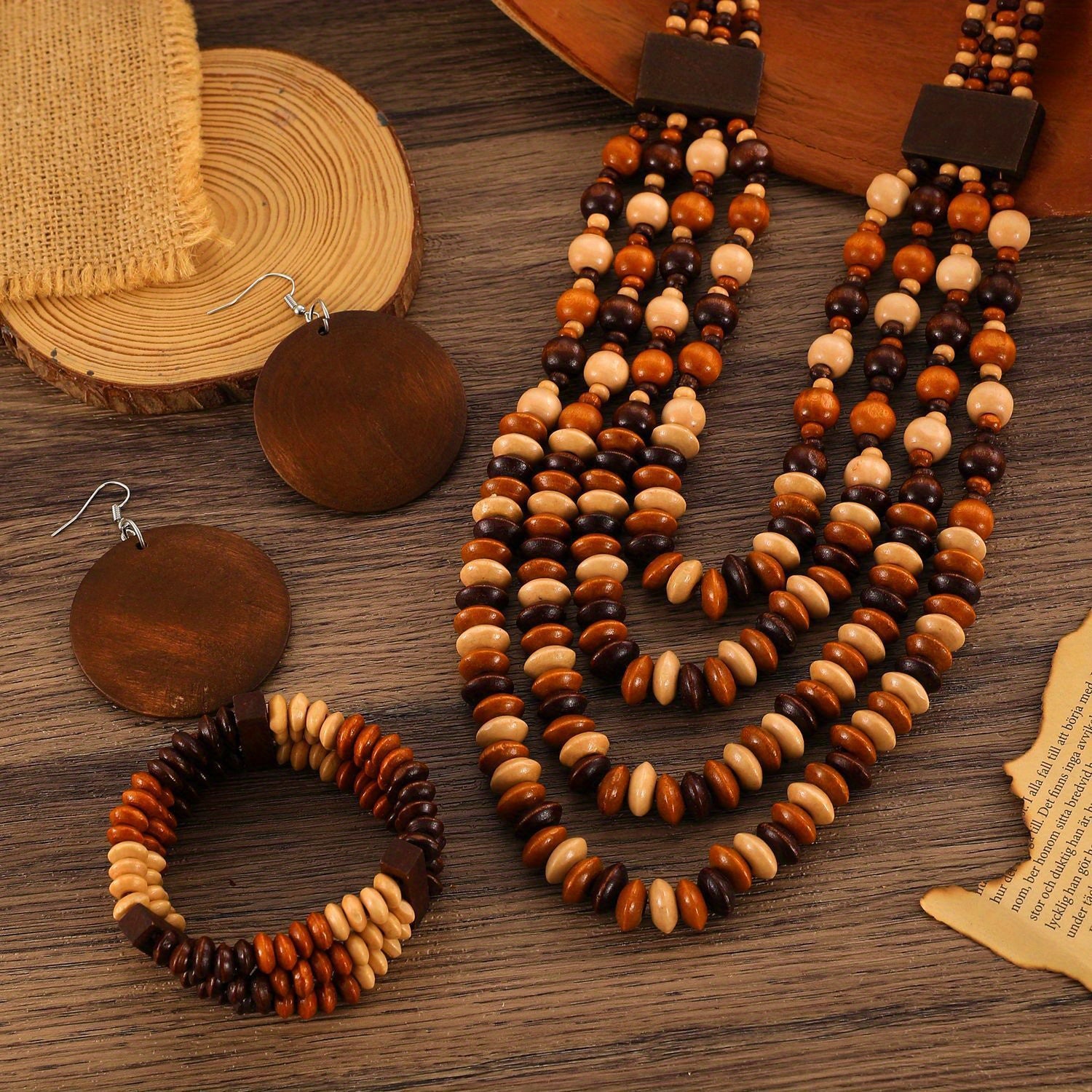1 Set Boho Wood Bead Jewelry Set 4pcs Vintage Layered Bracelet Earrings& Lariat Necklace, Stackable Adjustable Gift for Teacher Appreciation Graduation, Campus Related, All Season, Daily Occasion, Gift-giving Occasion, Campus-All10dollars.com