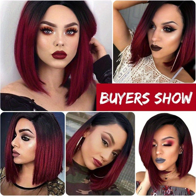 Short Bob Straight Synthetic Wig Ombre Black To Red Side Part-WIG-All10dollars.com