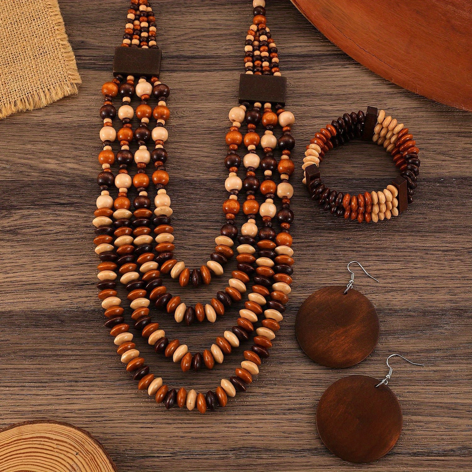 1 Set Boho Wood Bead Jewelry Set 4pcs Vintage Layered Bracelet Earrings& Lariat Necklace, Stackable Adjustable Gift for Teacher Appreciation Graduation, Campus Related, All Season, Daily Occasion, Gift-giving Occasion, Campus-All10dollars.com