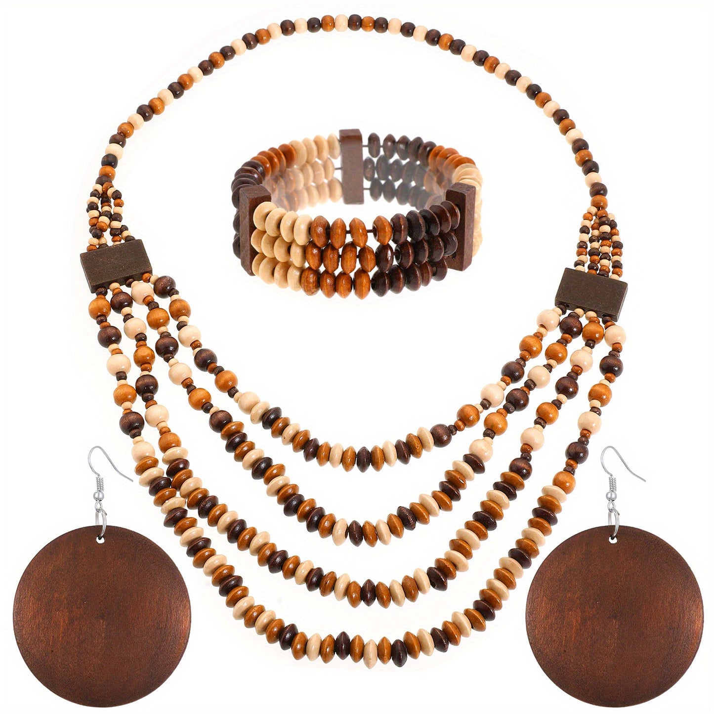 1 Set Boho Wood Bead Jewelry Set 4pcs Vintage Layered Bracelet Earrings& Lariat Necklace, Stackable Adjustable Gift for Teacher Appreciation Graduation, Campus Related, All Season, Daily Occasion, Gift-giving Occasion, Campus-All10dollars.com