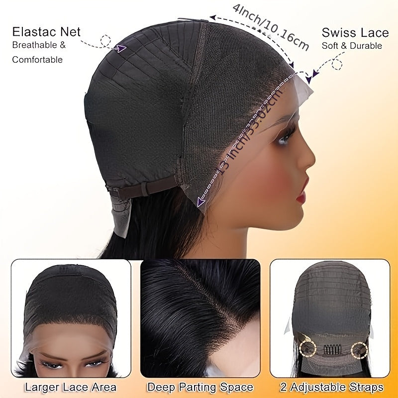 26" Straight Lace Front Wig - 120% Density Natural Black Hair, 13x4 HD Lace Frontal Wig with No Glue Needed, for Women & Men, Everyday & Special Events, Versatile Hairpiece, Sleek Hairstyle, Seamless Blend, Fashion Accessory-All10dollars.com