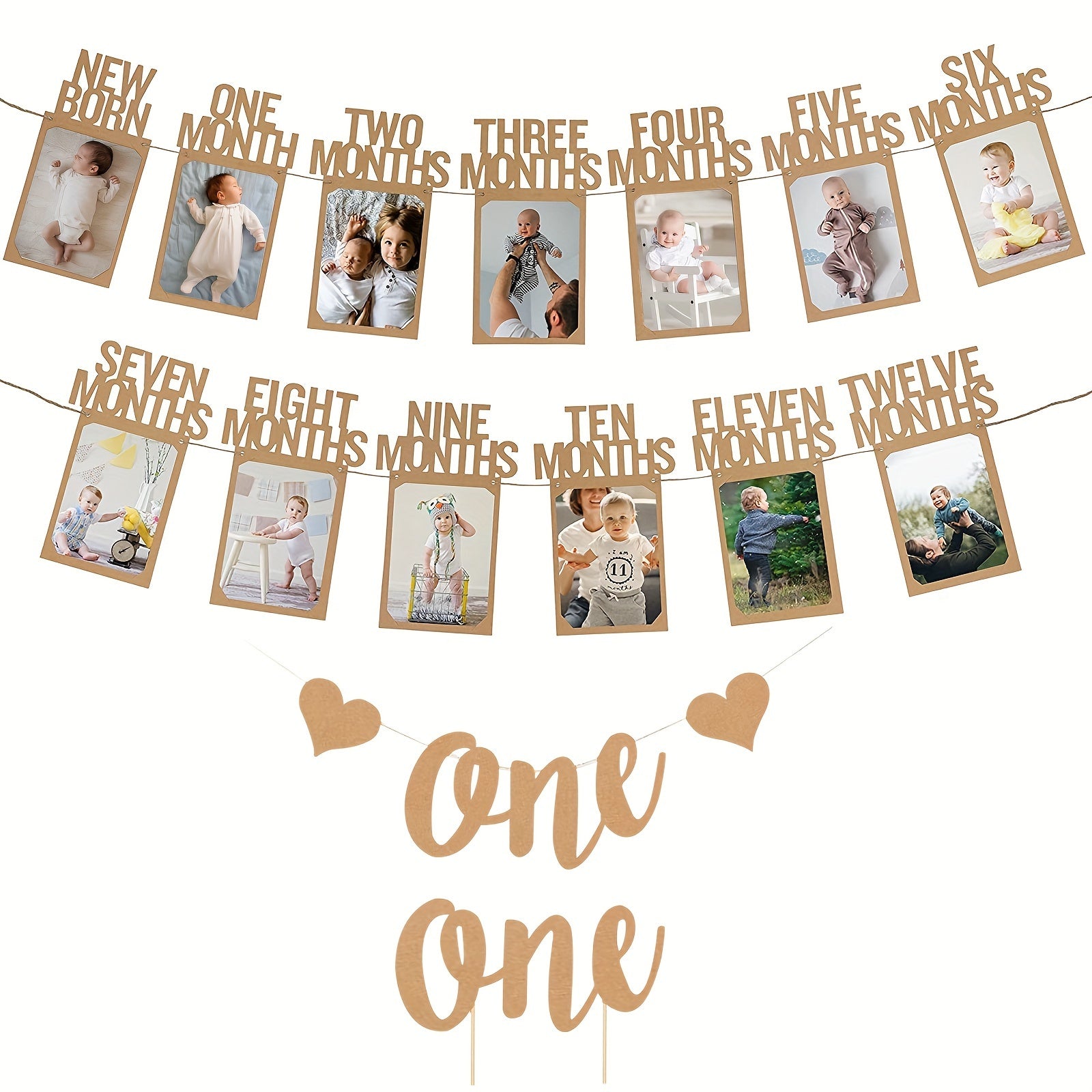 First Birthday Photo Banner Set with Frames 12 Months Milestone Garland for Boys & Girls-BABY-Khaki-All10dollars.com