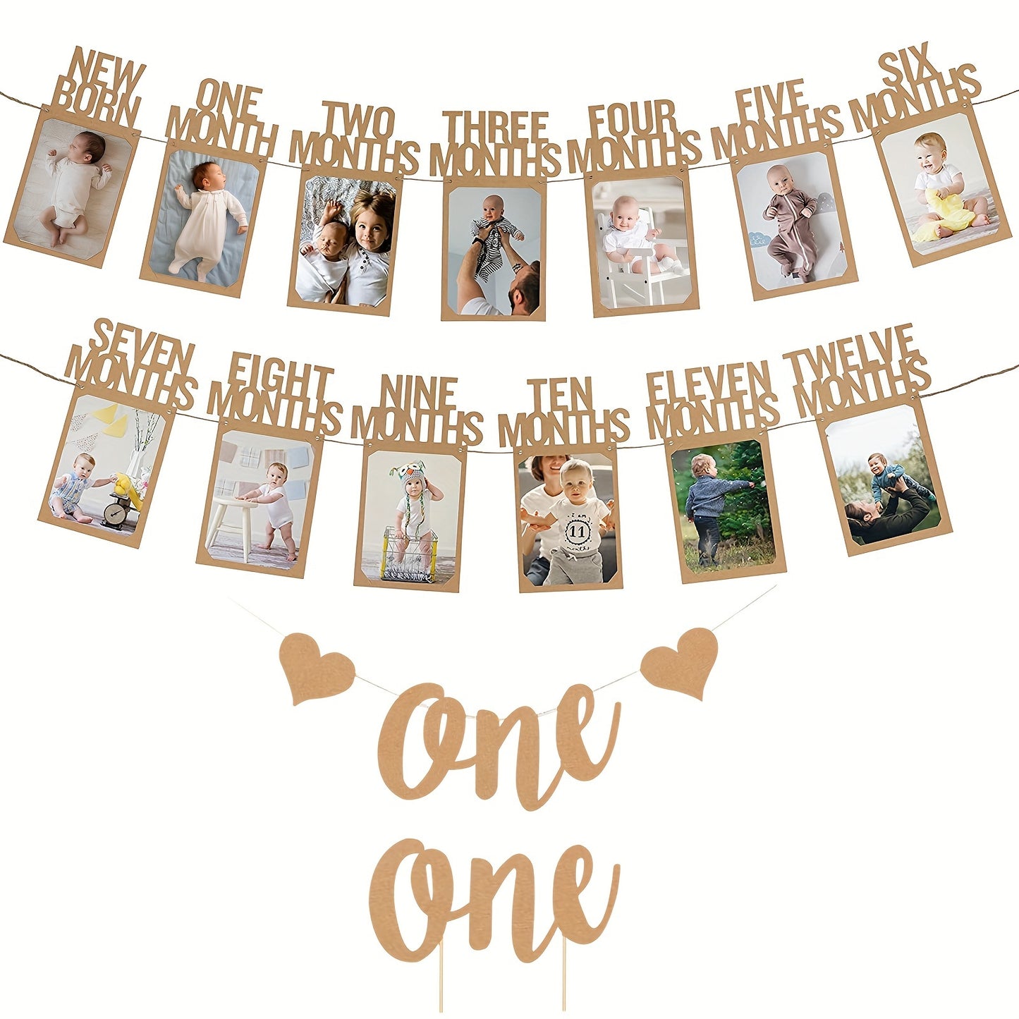 First Birthday Photo Banner Set with Frames 12 Months Milestone Garland for Boys & Girls-BABY-Khaki-All10dollars.com
