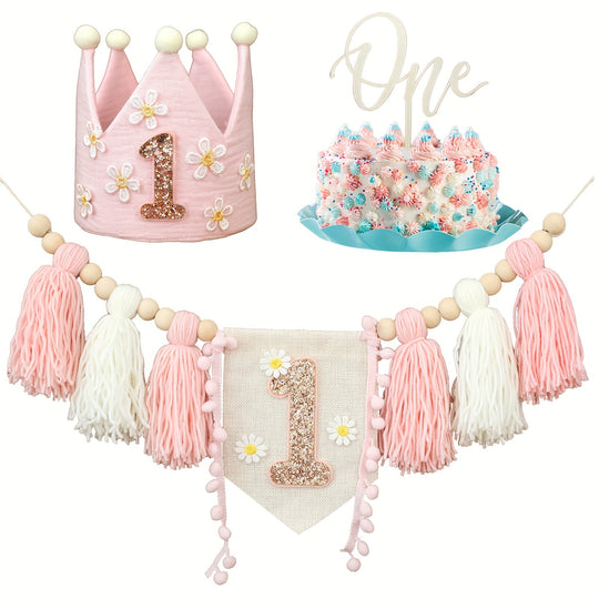 Daisy White Pink Highchair Tassel Garland Banner-Pink White-All10dollars.com