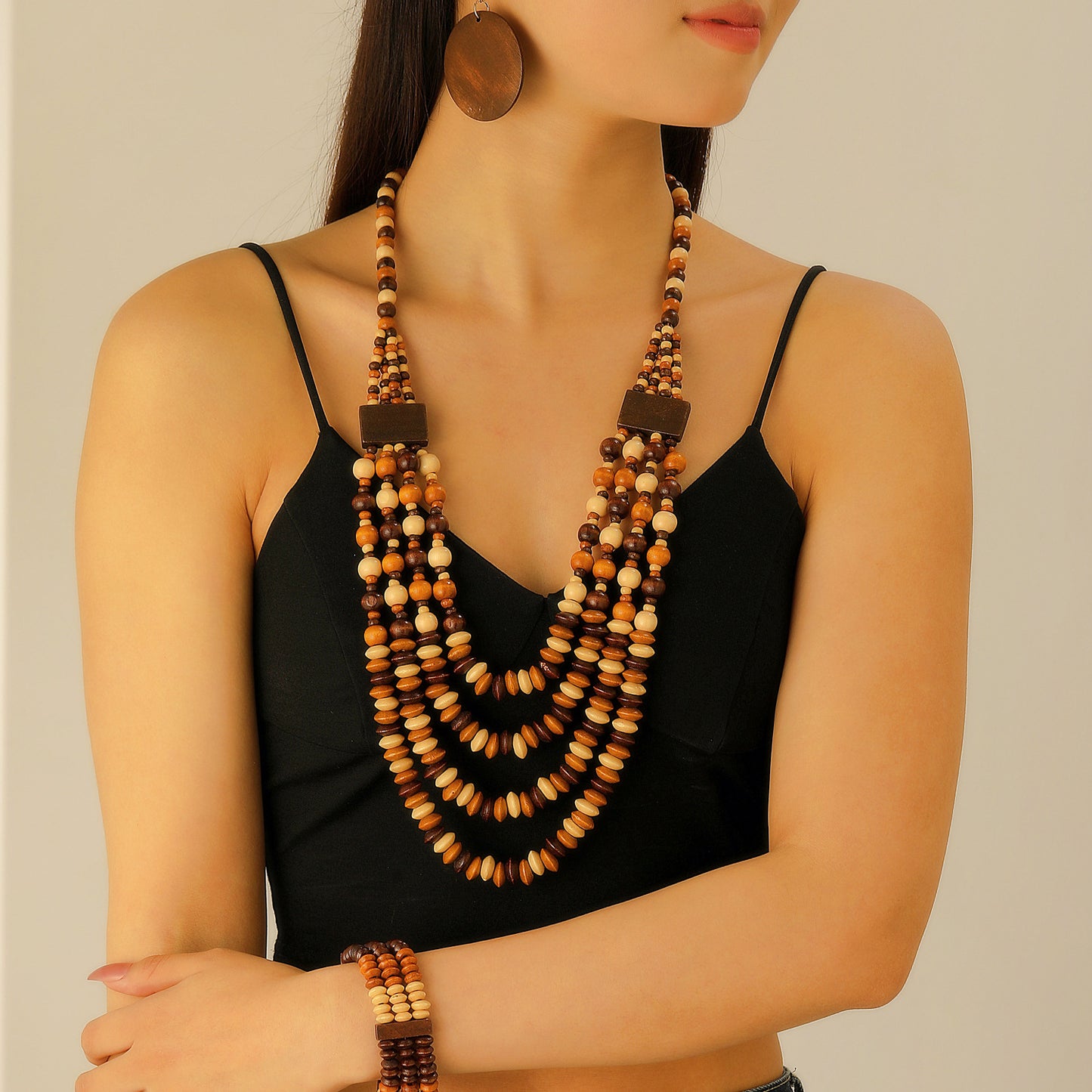 1 Set Boho Wood Bead Jewelry Set 4pcs Vintage Layered Bracelet Earrings& Lariat Necklace, Stackable Adjustable Gift for Teacher Appreciation Graduation, Campus Related, All Season, Daily Occasion, Gift-giving Occasion, Campus-All10dollars.com