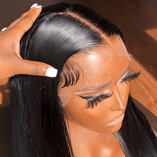 26" Straight Lace Front Wig - 120% Density Natural Black Hair, 13x4 HD Lace Frontal Wig with No Glue Needed, for Women & Men, Everyday & Special Events, Versatile Hairpiece, Sleek Hairstyle, Seamless Blend, Fashion Accessory-26inch-Black-All10dollars.com