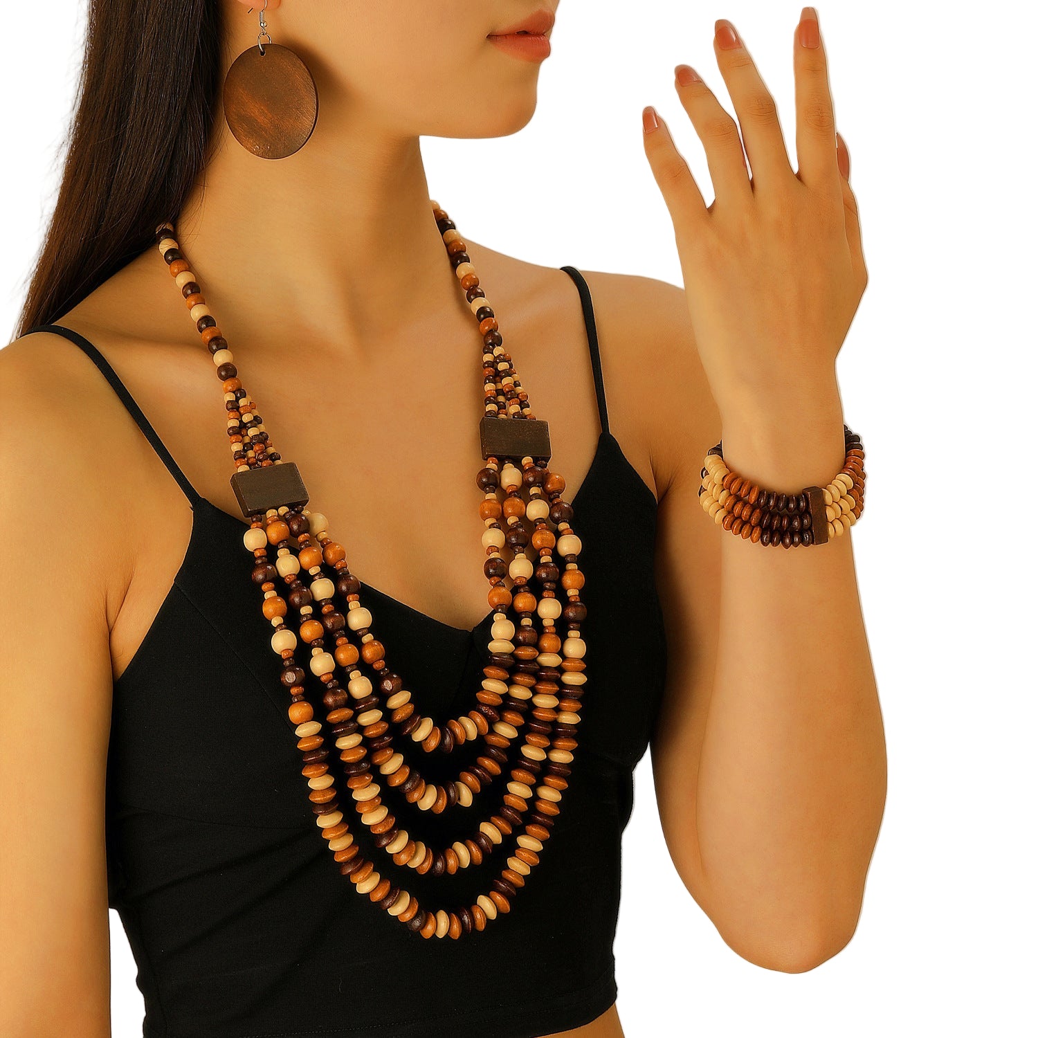 1 Set Boho Wood Bead Jewelry Set 4pcs Vintage Layered Bracelet Earrings& Lariat Necklace, Stackable Adjustable Gift for Teacher Appreciation Graduation, Campus Related, All Season, Daily Occasion, Gift-giving Occasion, Campus-01 Brown A-665-All10dollars.com