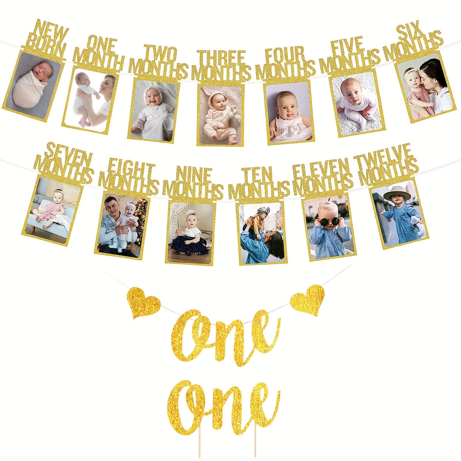 First Birthday Photo Banner Set with Frames 12 Months Milestone Garland for Boys & Girls-BABY-Golden-All10dollars.com