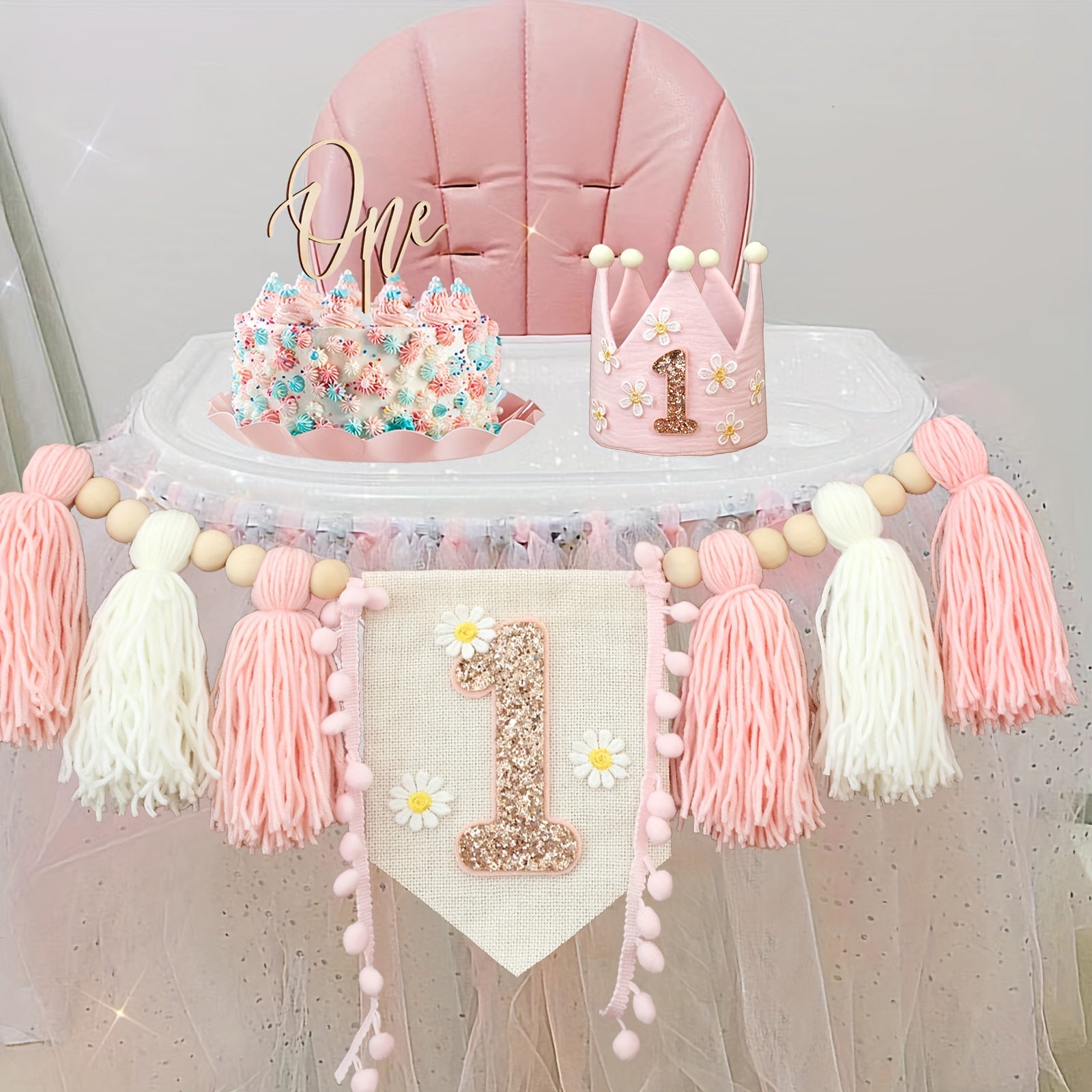 Daisy White Pink Highchair Tassel Garland Banner-All10dollars.com