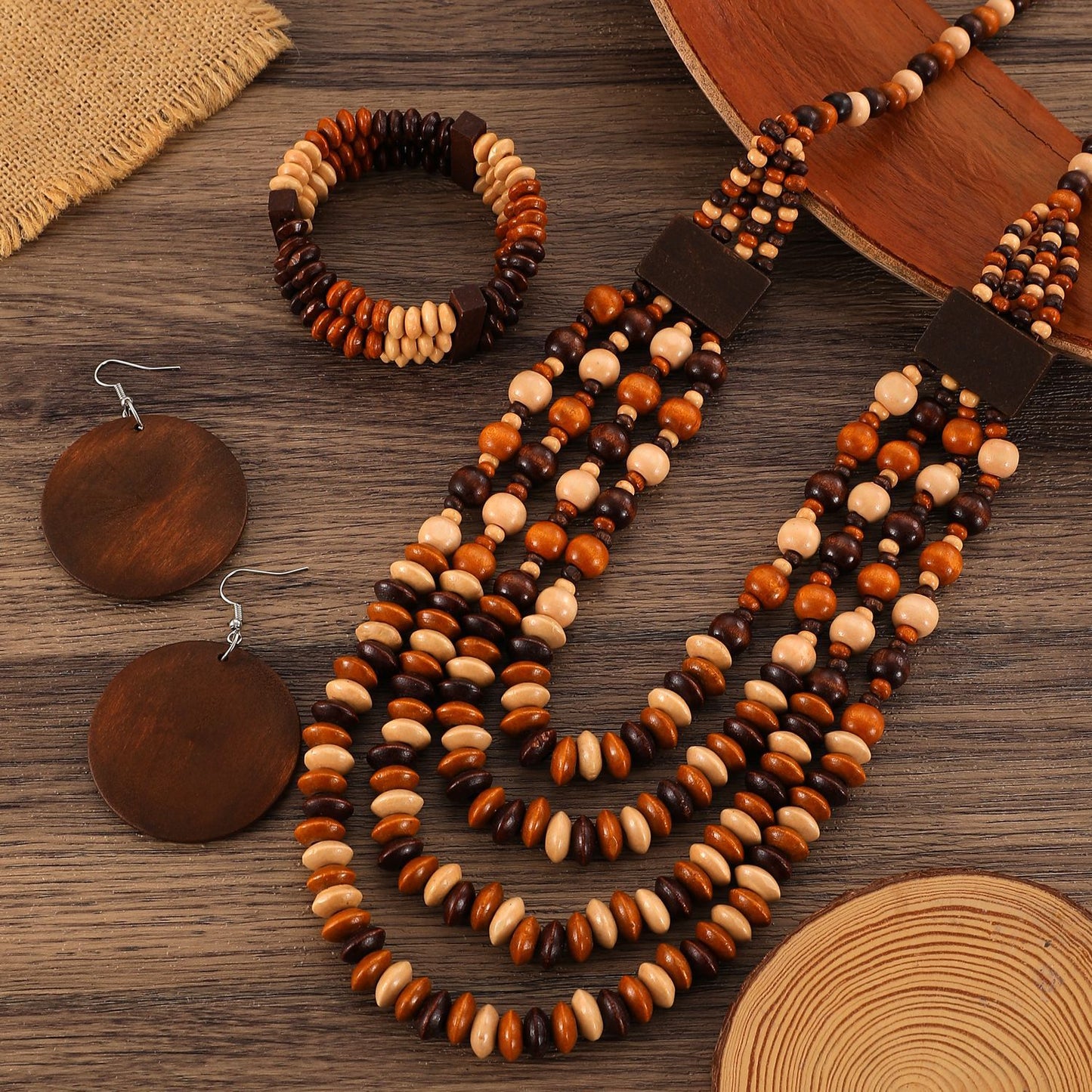 1 Set Boho Wood Bead Jewelry Set 4pcs Vintage Layered Bracelet Earrings& Lariat Necklace, Stackable Adjustable Gift for Teacher Appreciation Graduation, Campus Related, All Season, Daily Occasion, Gift-giving Occasion, Campus-All10dollars.com
