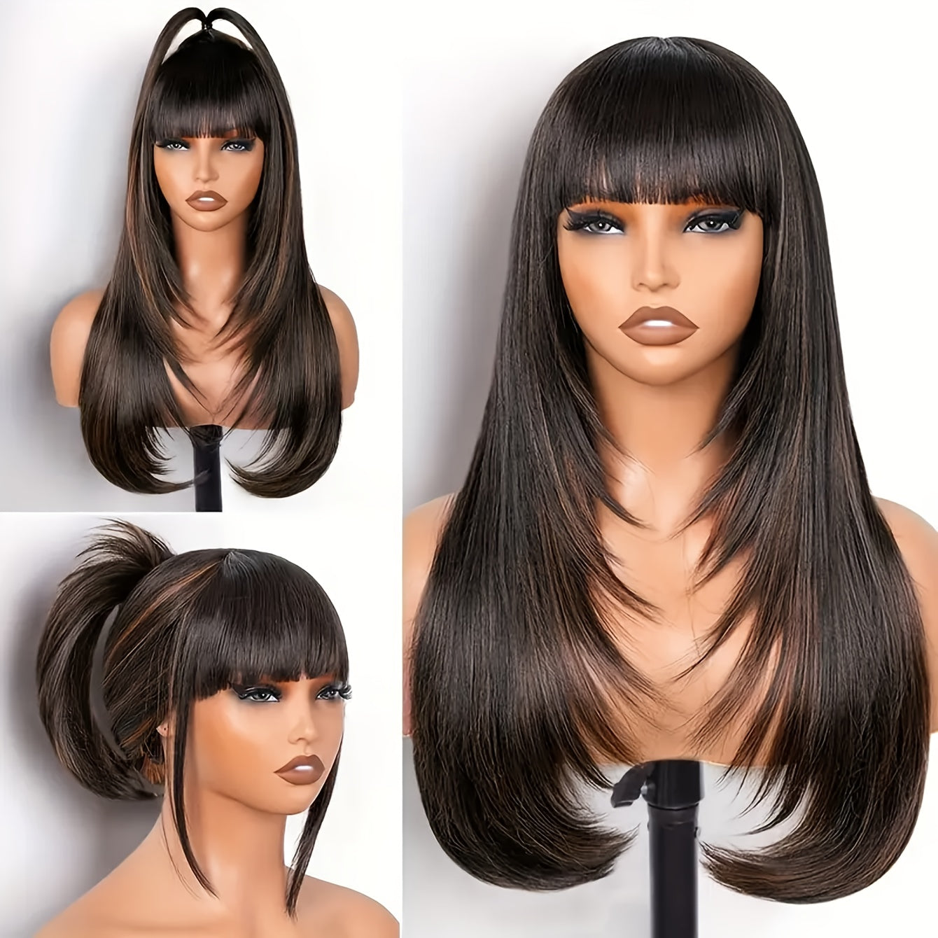 Heat Resistant Glueless Long Straight Wig with Bangs-All10dollars.com