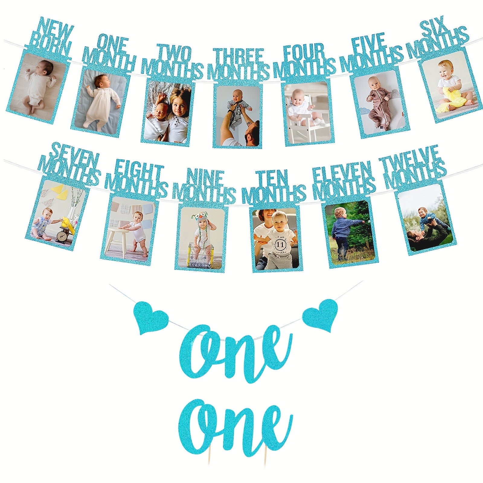 First Birthday Photo Banner Set with Frames 12 Months Milestone Garland for Boys & Girls-BABY-Blue-All10dollars.com