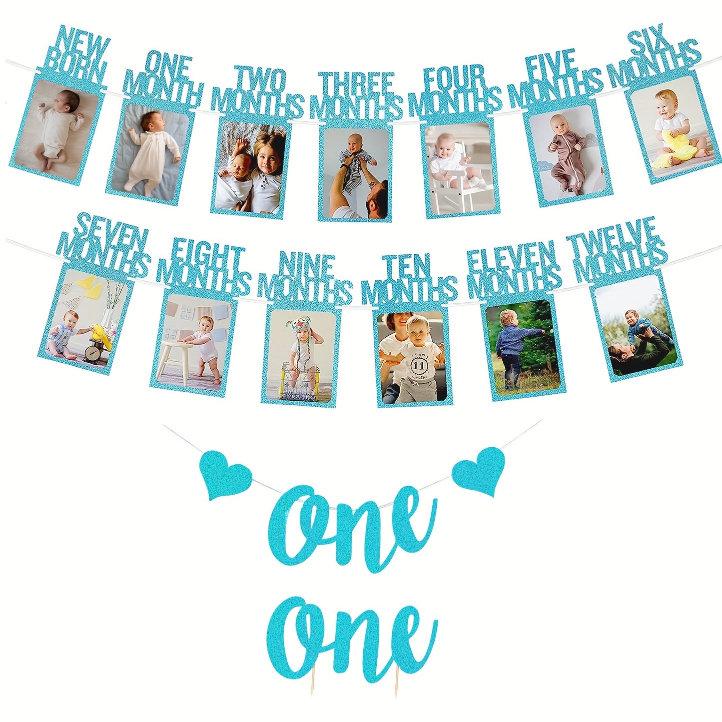 First Birthday Photo Banner Set with Frames 12 Months Milestone Garland for Boys & Girls-BABY-Blue-All10dollars.com