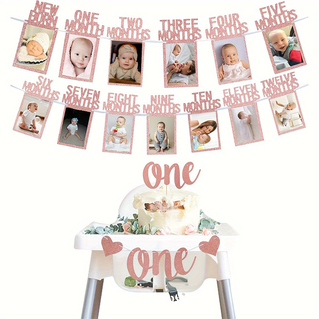 First Birthday Photo Banner Set with Frames 12 Months Milestone Garland for Boys & Girls-BABY-Rose Golden-All10dollars.com